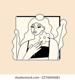 Beautiful and attractive woman holding a flower. Vector flat minimalistic outline illustration. Portrait of woman. 