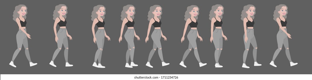 Beautiful attractive young girl. A teenager's walk or a student's girlfriend's walk. Geek character for animation.