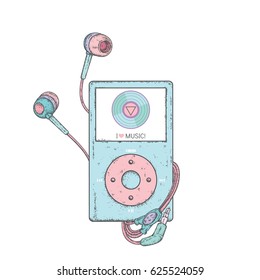 A beautiful audio player and headphones. Vector illustration for a postcard or a poster, print for clothes. Music and sound.