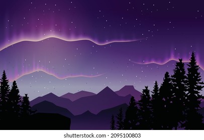 Beautiful Aurora Borealis Sky Light Pine Deer Mountain Polar Landscape Illustration