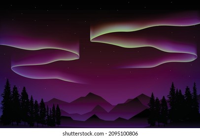 Beautiful Aurora Borealis Sky Light Pine Mountain Adventure Polar Landscape Illustration