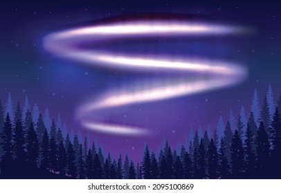Beautiful Aurora Borealis Sky Light Pine Mountain Adventure Polar Landscape Illustration