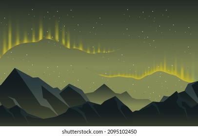 Beautiful Aurora Borealis Sky Light Snow Mountain Adventure Polar Landscape Illustration