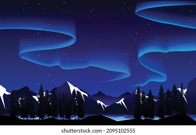 Beautiful Aurora Borealis Sky Light Snow Mountain Lake Polar Landscape Illustration