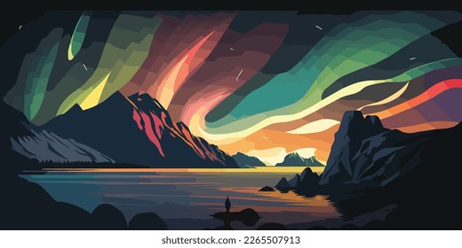 Beautiful aurora borealis sky light snow mountain lake polar landscape illustration