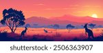 Beautiful Australian landscape with kangaroos at sunset. Vector illustration of amazing wild nature of Australian savannah, kangaroos, mountains, trees and amazing sunset. Australian Safari Park.
