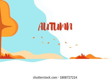 Beautiful autumn background with blue sky and orange trees, bushes and leaves. Flat vector illustration
