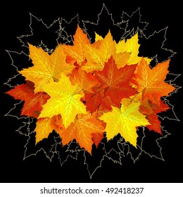 Beautiful autumn background - handdrawn maple leaves in circled composition . Vector art. Great typography design elements for congratulation cards, any text and flyers.