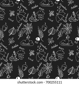 Beautiful autumn background on school board. Hand drawn doodles. Vector seamless pattern.