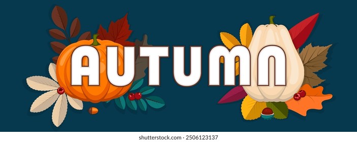Beautiful autumn banner with different tree leaves, vector illustration. Usable for autumn sales promotions, autumn season designs, and Thanksgiving greeting cards.