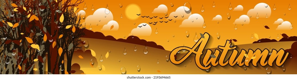 Beautiful autumn banner. Raindrops and the inscription "Autumn" on the background of a natural landscape. Vector.