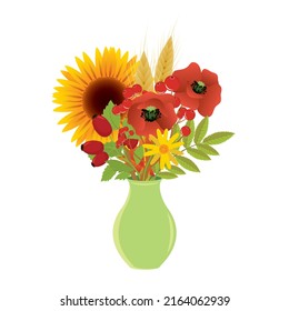 Beautiful autumn bouquet of wildflowers icon vector. Flowers in a vase with sunflowers and poppies vector illustration isolated on a white background. Summer flowers in a green vase drawing