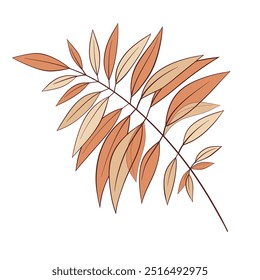 Una hermosa rama de otoño con hojas. Ilustración botánica de una rama de palma, dibujada a mano, Vector. Un elemento decorativo para la decoración, decoración, diseño. Hoja tropical en tonos pastel naranja