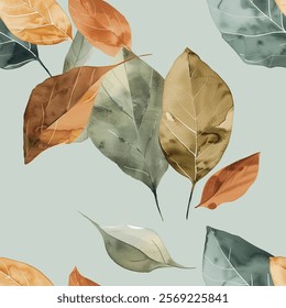 Beautiful Autumn Brown Green Eucalyptus Leaf Watercolor Abstract Scandinavian Design Seamless Pattern Wallpaper Curtain Bedding Background Upholstery Gift Wrapping Paper Vector