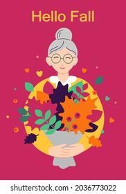 Beautiful autumn card. Elderly woman with a bouquet of autumn leaves. Hello fall. Happy grandma. Colorful vector template for card, cover, flyer, poster, placard, banner. Flat cartoon design. 