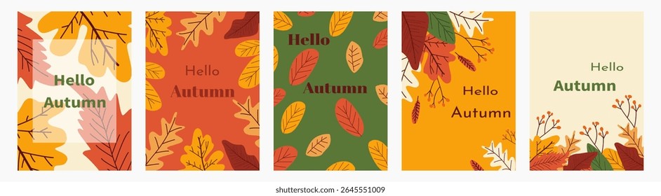 Beautiful autumn cards. Set of autumn cards with falling leaves. Hello autumn, set of autumn card designs with colorful leaves. Vector illustration for printing, background and design.