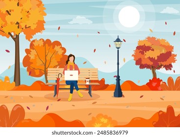 hermoso parque de la ciudad de otoño con banco . Mujer con el ordenador portátil sentado en el banco en otoño. Freelance, concepto de trabajo a distancia. Ilustración vectorial en estilo plano.