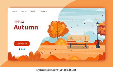 beautiful autumn city park with bench. Beautiful urban fall park for banner, poster, web. Website Landing Page template. Vector illustration in flat style.