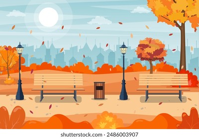 hermoso parque de la ciudad de otoño con banco y fondo de edificio de la ciudad. Hermoso parque de otoño urbano para el Anuncio, cartel, Web. Ilustración vectorial en estilo plano.