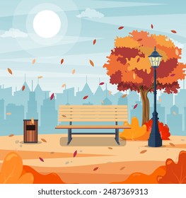 beautiful autumn city park with bench and town building background. Beautiful urban fall park for banner, poster, web. Vector illustration in flat style.