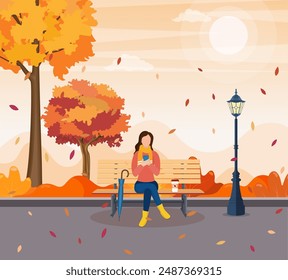 beautiful autumn city park with bench. Woman using phone sitting on the bench in paprk. Freelance or studying concept. online education. Vector illustration in flat style