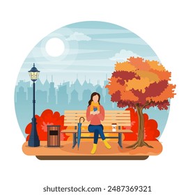 hermoso parque de la ciudad de otoño con banco. Mujer usando el teléfono sentada en el banco en el parque. Freelance o concepto de estudio. educación en línea. Ilustración vectorial en estilo plano