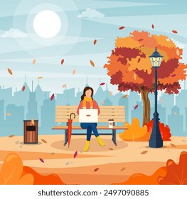 Hermoso parque de la ciudad de otoño con banco y fondo de construcción de la ciudad. Mujer con el ordenador portátil que se sienta en el banco en otoño. Freelance, concepto de trabajo remoto. Ilustración vectorial en estilo plano.