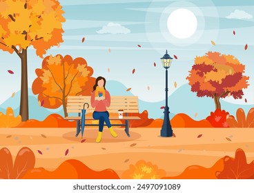 Hermoso parque de la ciudad de otoño con banco. Mujer que usa el teléfono que se sienta en el banco en el parque. Freelance o concepto de estudio. educación en línea. Ilustración vectorial en estilo plano