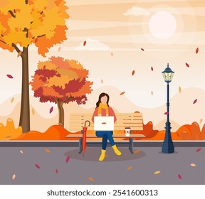 belo parque da cidade de outono com banco e fundo de construção da cidade. Mulher com laptop sentado no banco no outono. Conceito de trabalho à distância e autônomo. Ilustração vetorial em estilo plano.