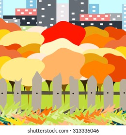 beautiful autumn city park on a background of a big city vector illustration