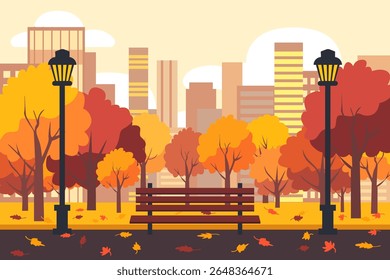 Beautiful autumn city park with orange trees, bench, lanterns against the background of tall city buildings. Beautiful autumn landscape of the city park. Vector illustration of autumn park.
