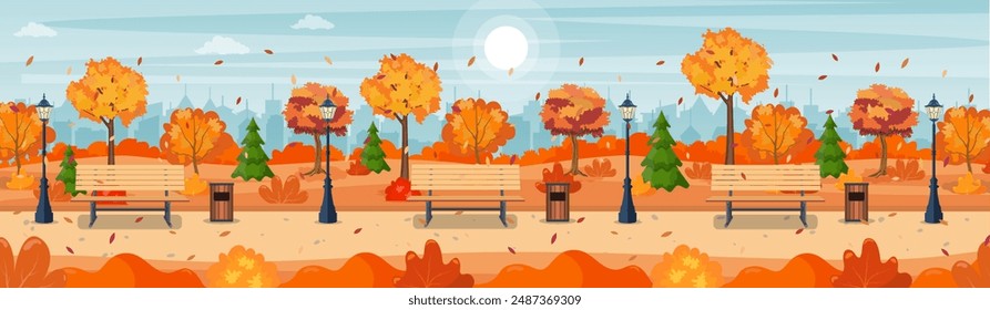 hermoso panorama del parque de la ciudad del otoño con el fondo del banco y del edificio del pueblo. Hermoso parque de otoño urbano para el Anuncio, cartel, Web. Ilustración vectorial en estilo plano.