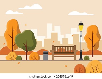 Beautiful autumn city park with town building background. Flat cartoon vector illustration