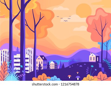 Beautiful autumn color city park vector illustration
