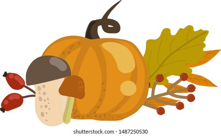 Beautiful autumn Composition with pumpkin, berries and leaves. Autumn Bouquet. Vector illustration. Design element for greeting card or wedding invitation, scrapbook