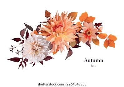 Schöner Herbstdahlienstrauß. Herbstorange, Pfirsichblumen, gelbe Eukalyptuszweige, rote wilde Weinblätter florale bearbeitbare Illustration. Hochzeitseinladung, dank Wasserfarbenelement