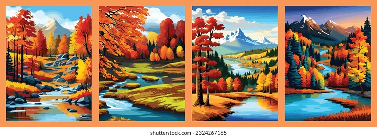 Beautiful autumn daytime landscape of a lake with mountains, trees and autumn leaves, river flows near the autumn trees with yellow leaves near the mountains. autumn landscape.