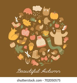 Beautiful autumn doodle style background with isolated seamless images of funny characters and cartoon fall elements vector illustration