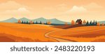 Beautiful autumn field at sunset. Vector illustration of an orange wheat field and rural meadows with a road against the backdrop of a village house and mountains in the autumn season.
