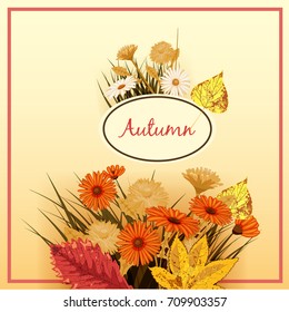 Beautiful autumn flowers, leaves, bouquet, yellow, brown, orange, vector, illustration, banner