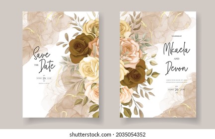 Beautiful autumn flowers wedding invitation card with alcohol ink