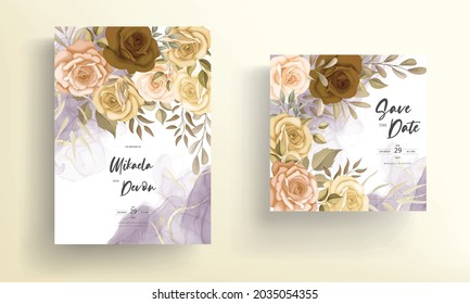 Beautiful autumn flowers wedding invitation card with alcohol ink