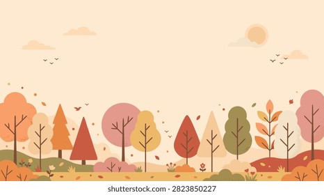 A beautiful autumn forest scene featuring a variety of trees in warm fall colors, with leaves gently falling to the ground under a soft sky.