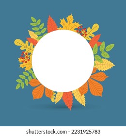 Beautiful autumn frame, round frame with leaves around and copy space. Banner Template