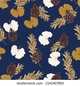 Beautiful Autumn ginko leaves and pine nuts in scatter seamless pattern vector repeat  in hand drawn style for fashion fabric,and all prints on navy blue background color