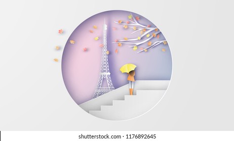 Beautiful Autumn with girl in a coat and umbrella, background of Eiffel tower in Paris. paper cut and craft style. vector, illustration.