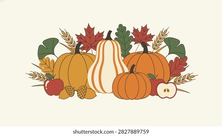 Beautiful autumn harvest composition with pumpkins, butternut squash, colorful leaves, wheat, apples, and acorns.