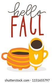 Beautiful autumn illustration with apple pie, cups with hot drink and lettering. 