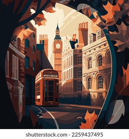 Beautiful autumn illustration of London streets with big ban in the background