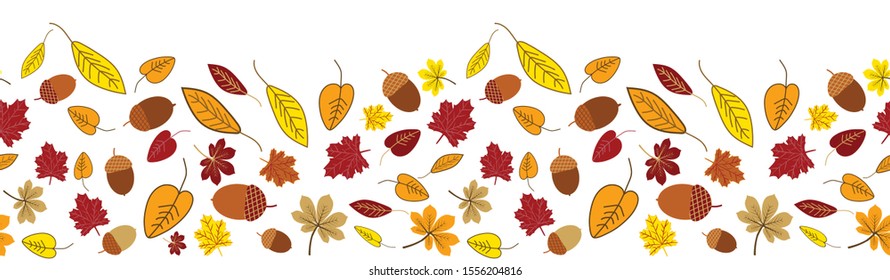 Beautiful autumn inspired seamless horizontal border background with falling leaves and acorns in a warm color palette Perfect for Thanksgiving, textile and home decor projects.  